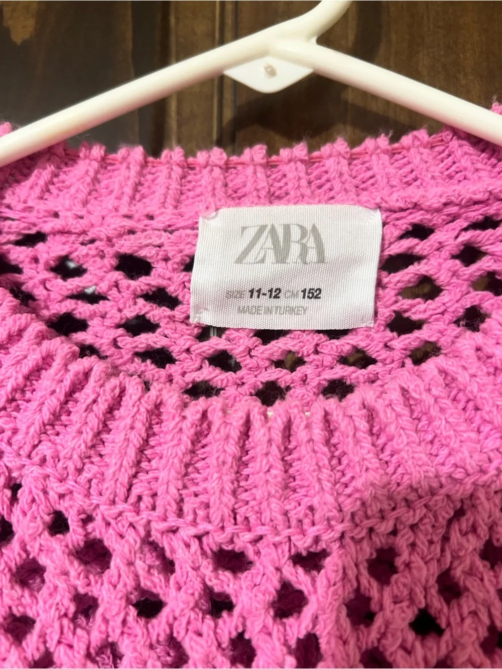 Zara Bright Pink Open-Knit Crewneck Sweater